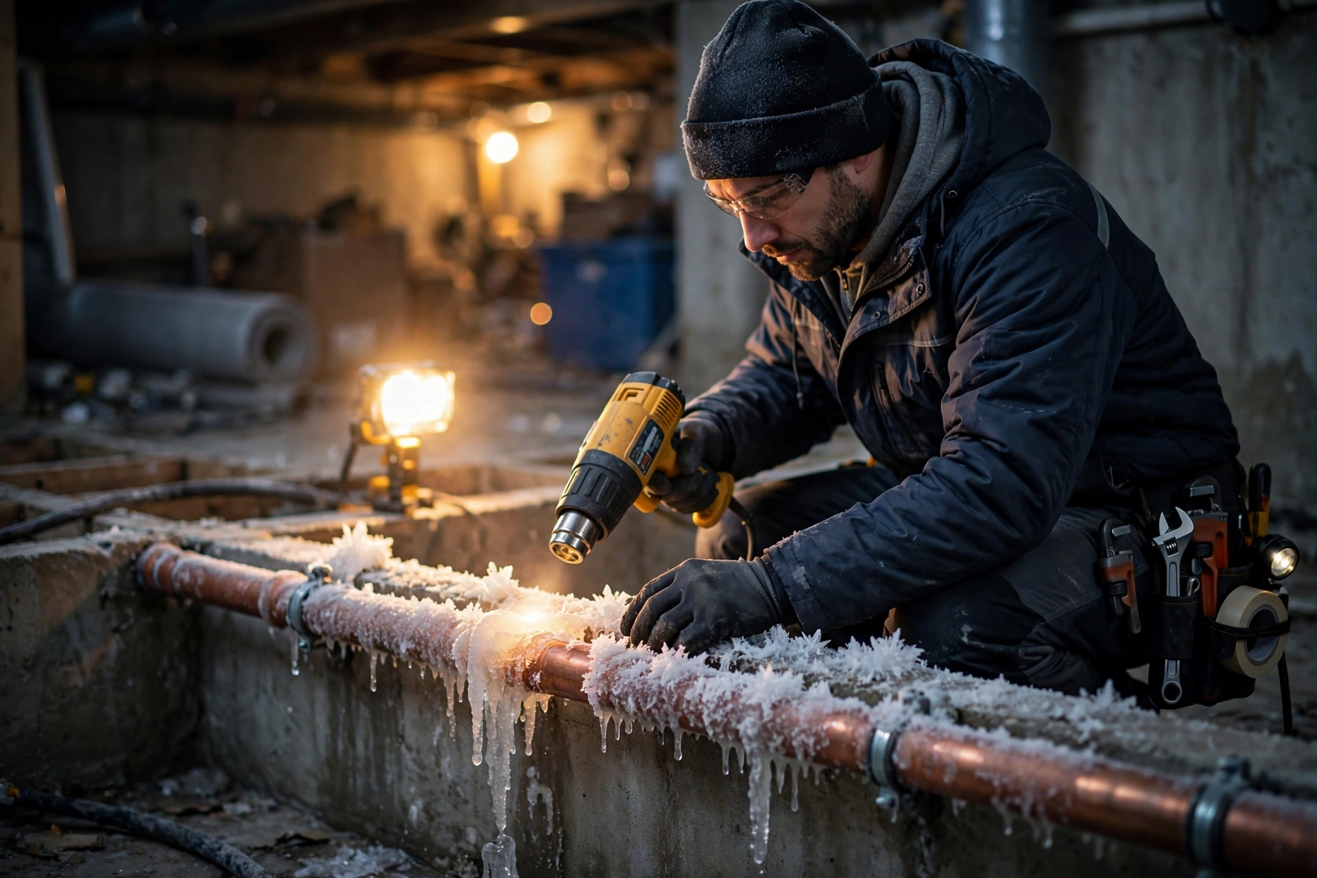 Plumber thawing a frozen pipe in a South Jordan, UT home during winter